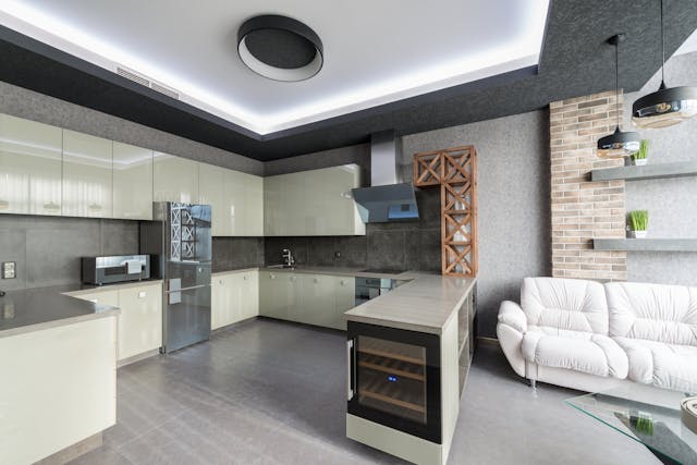 Interior of kitchen with couch