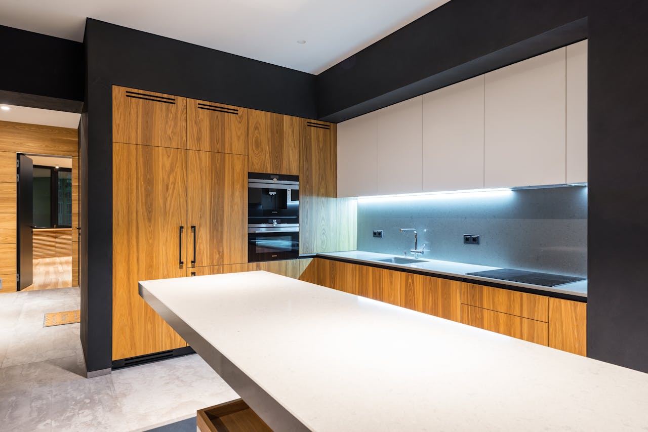 Modern kitchen interior with furniture at home